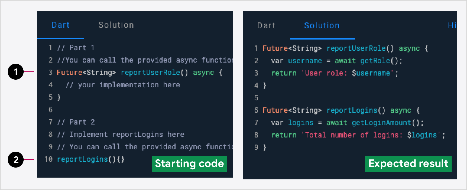 Part 1 has more complete code snippets in the starting state than Part 2 does.