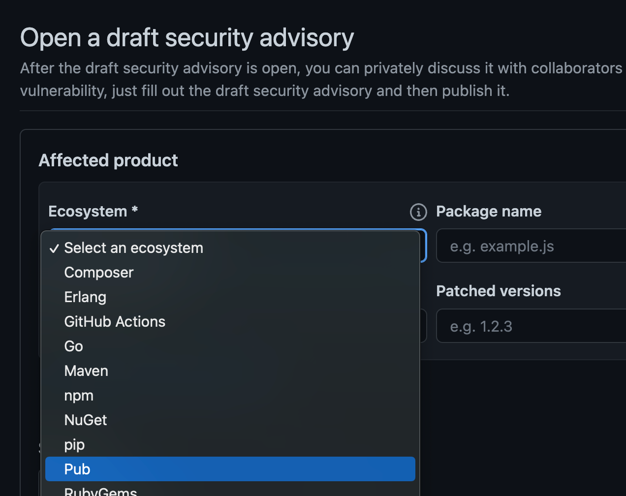 Creating a new security advisory for a Dart package published on pub.dev