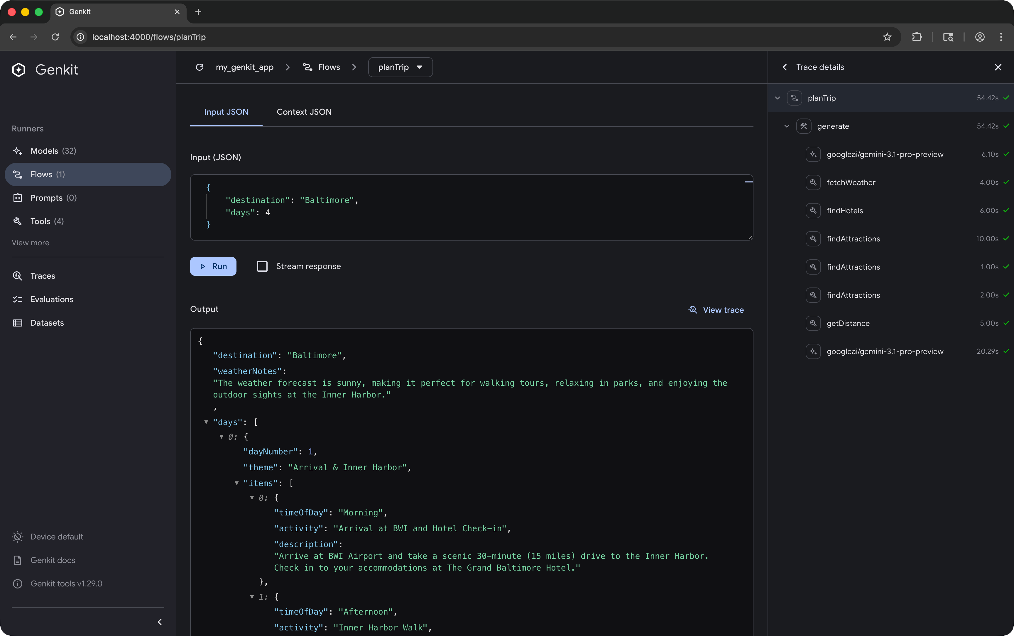 Showing the Genkit Developer UI running a flow