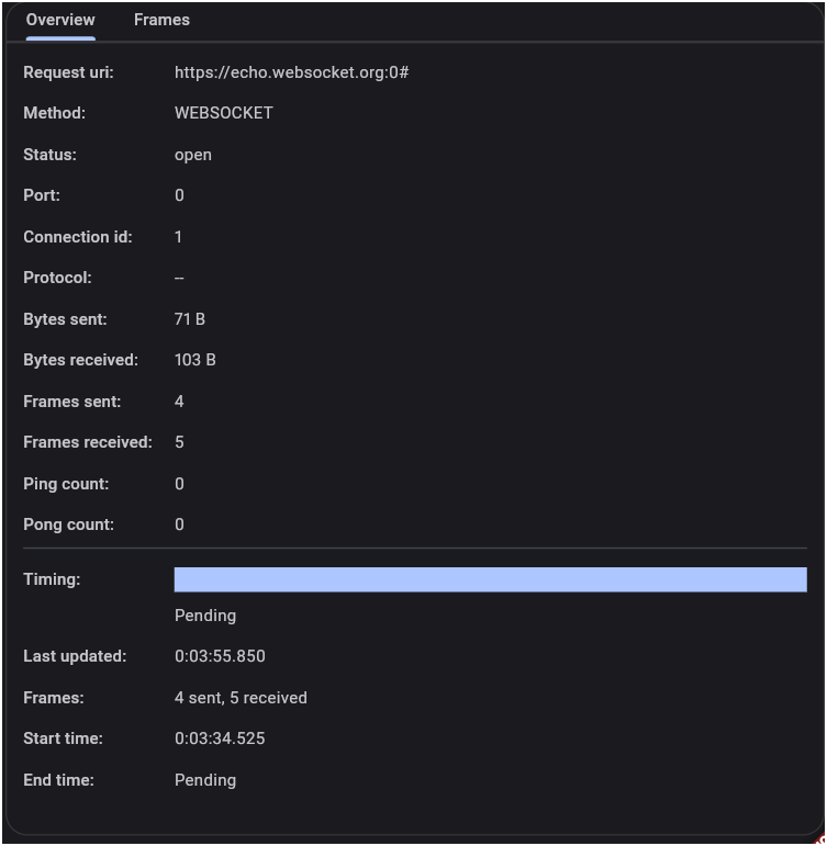 Flutter DevTools Network panel showing WebSocket connection overview details such as status, bytes, and frames sent and received.