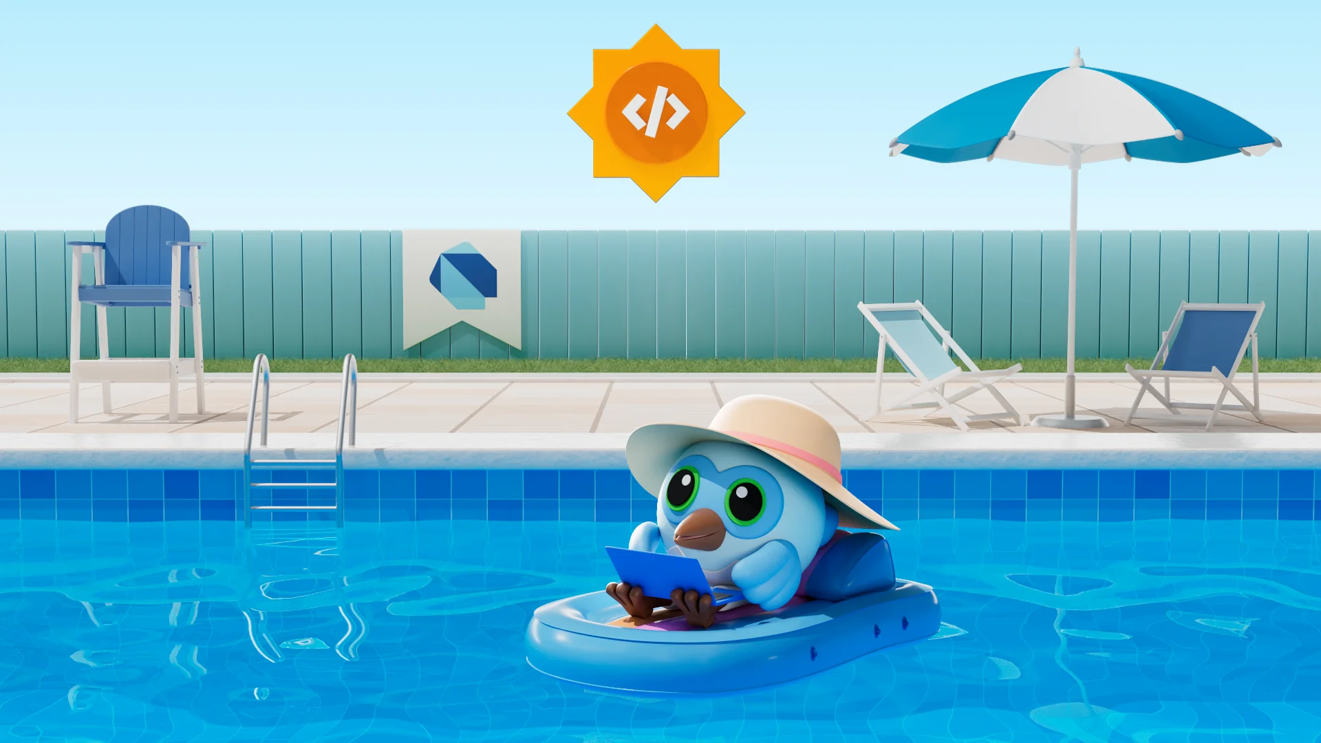 Dash wearing a sun hat lounges on a pool float with a laptop, under the Google Summer of Code sun logo.